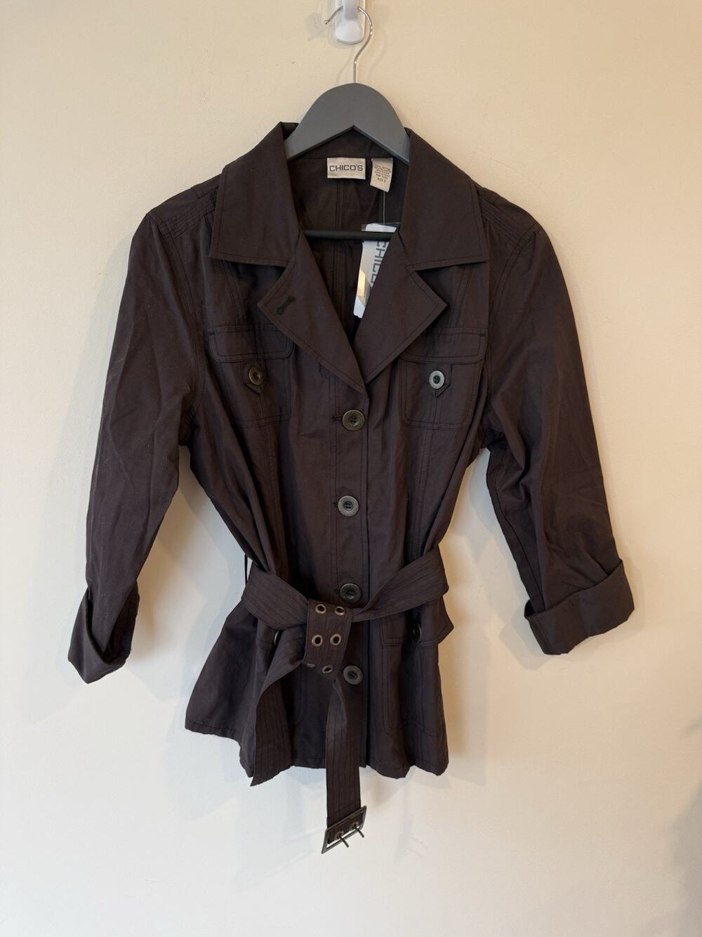 NWT Chico's utility belted roll tab sleeve jacket size 2 Large Preppy Normcore